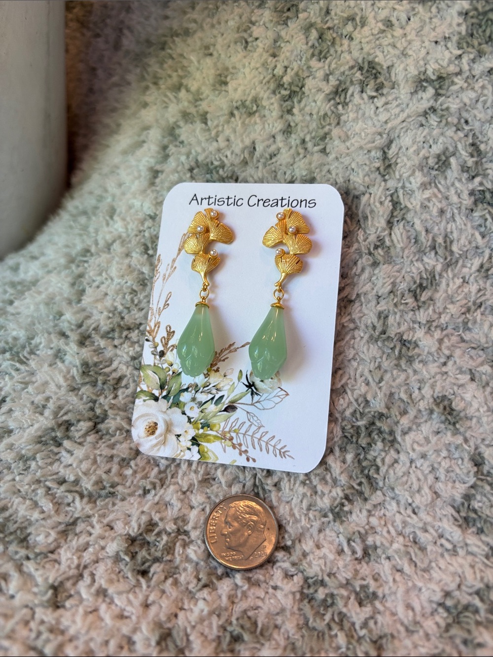 Artistic Creations Gold Ginkgo Leaf Drop Earrings w/ Green Teardrop NWT 1.75” - Picture 2 of 11